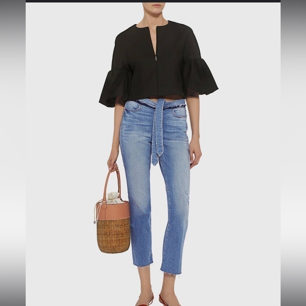 Tibi Agathe Zip Front Balloon Sleeve Cropped Top, Black - Picture 4 of 11